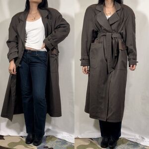 Vintage Made in France Grey Trench Coat with Faux Leather Detailing